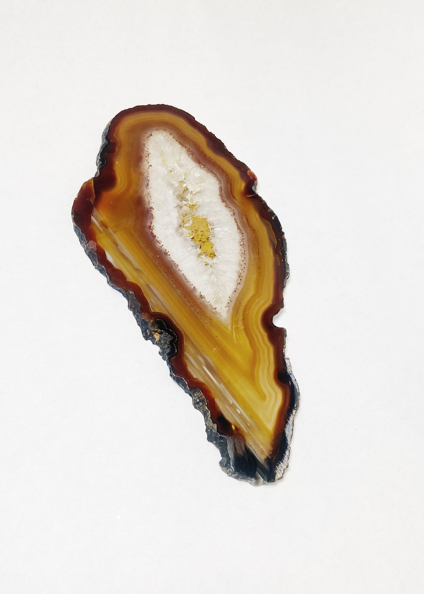 Natural agate crystal slice with white druzy quartz centre and golden crystal cluster, honey and amber banding, displayed on clear plastic stand